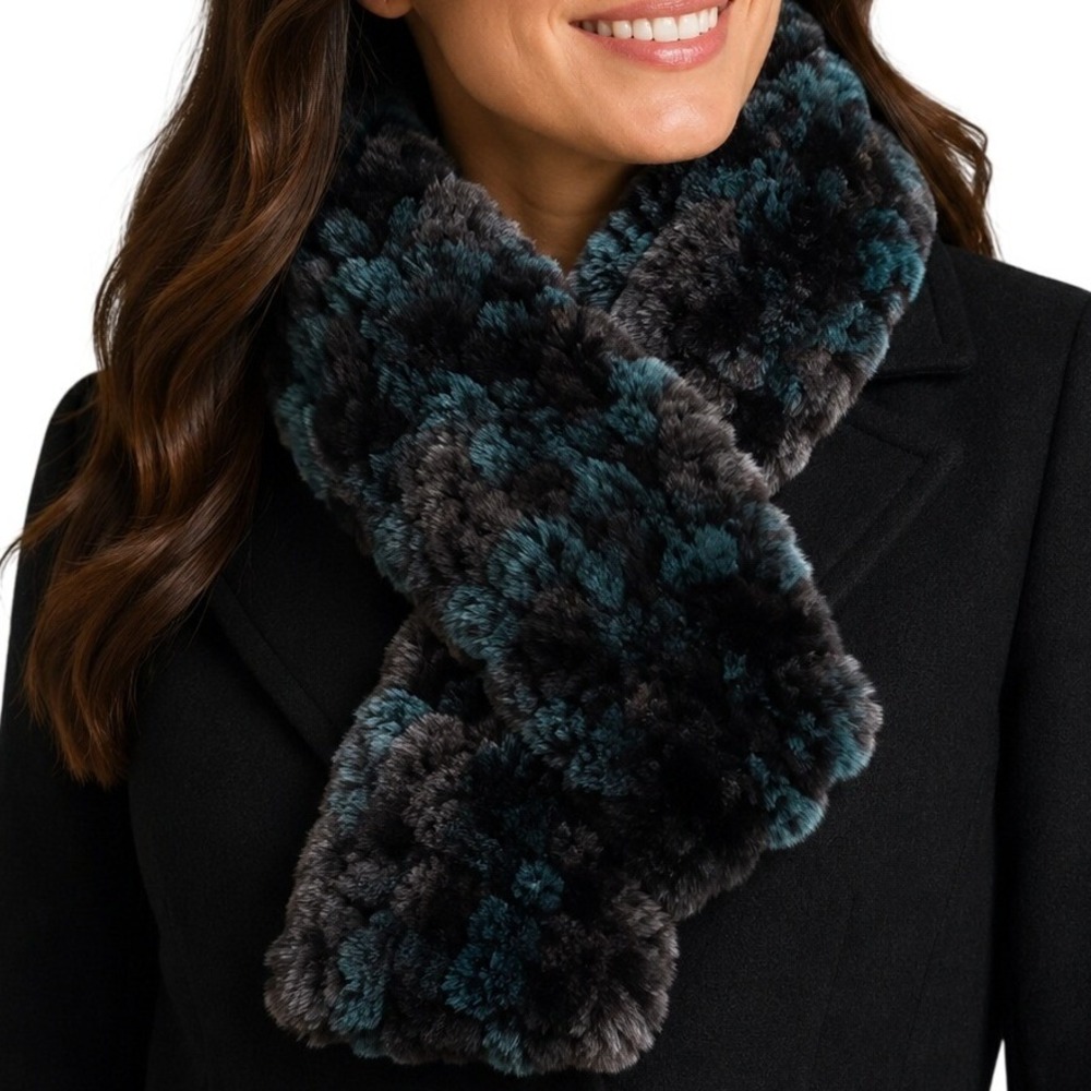 Linda Richards Luxury Teal Black Grey Genuine Rabbit Fur Scarf